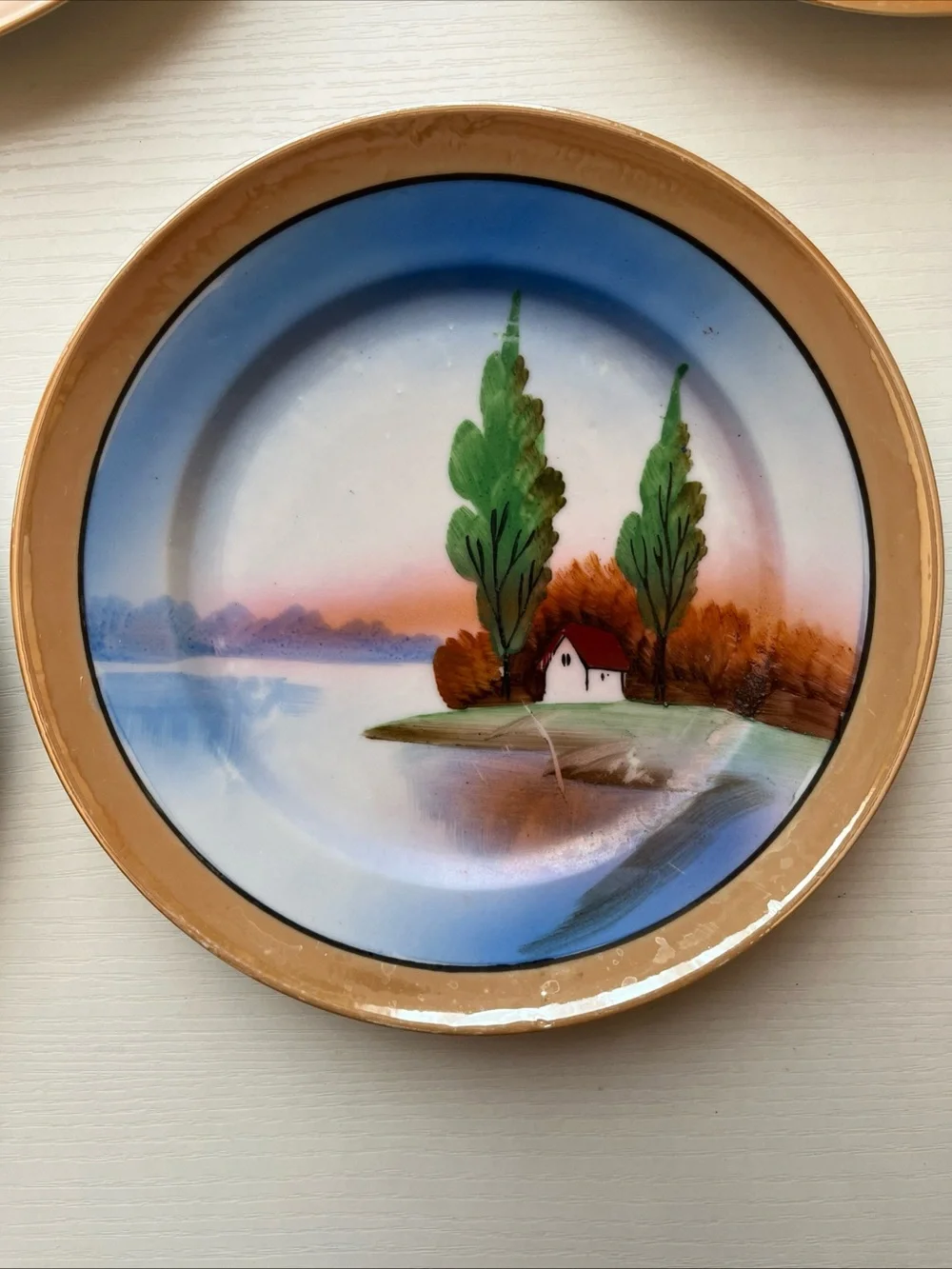 5 Trico Nagoya Japan Lusterware Plates Hand Paint Sunset Cottage Landscape 1930s